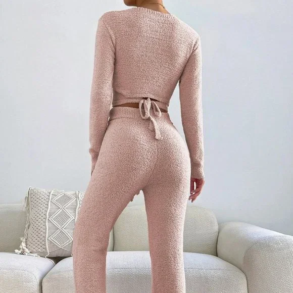 Baby Pink Preppy Womens Surplice Neck Crop Sweater & Drawstring Waist Knit Pants - Picture 3 of 5